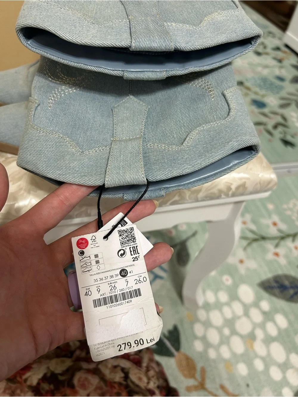 Bershka Light Blue Embroidered Over-the-Knee Western Boots